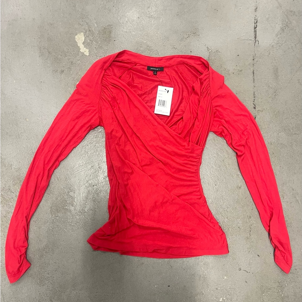 NWT Lafayette 148 Red Long Sleeve Ruched Faux Wrap Blouse V-Neck Sexy Y2K style - Picture 4 of 8